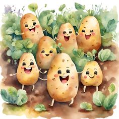 a bunch of potatoes that are standing in the dirt with their faces painted to look like they're smiling