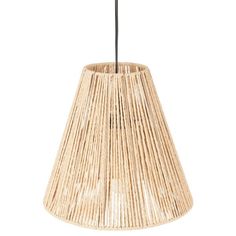 a lamp shade that is made out of wicker and has a black cord attached to it