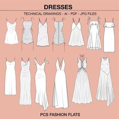 the technical drawings of dresses for all types of women in different styles and sizes, including long