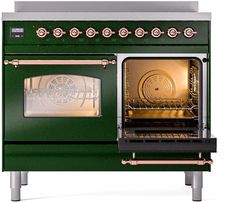 a green oven with two burners and one door open to show the cooking area