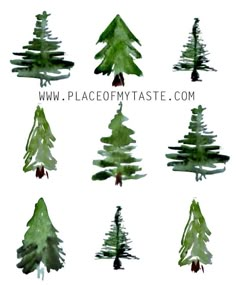 watercolor christmas trees on white paper with the words place of my taste com written below