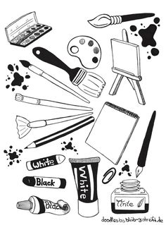 black and white drawing of art supplies