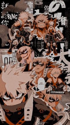 an image of anime characters collaged together in black and orange colors with text above them