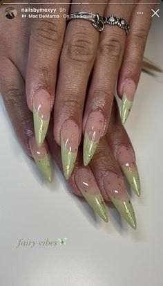 Ethereal Aesthetic Nails, Garden Fairy Nails, Fun Almond Nails Art Designs, Xl Almond Nails, Green Stilleto Nails, Elaborate Nail Art, Goddess Nails Designs, Summer Nails Stiletto, Green Stiletto Nails