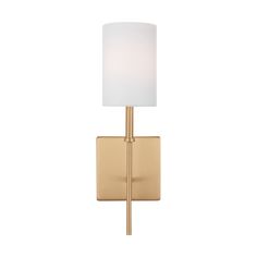 a wall light with a white shade on the side and a gold metal frame around it