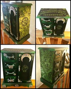 four different views of a green and black cabinet