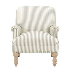 a striped chair with wooden legs and nail polishing on the armrests, against a white background