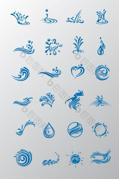 blue water icons on a white background with an image of waves and splashes in the middle