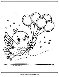 a bird flying with balloons in its beak coloring pages for kids, free printable