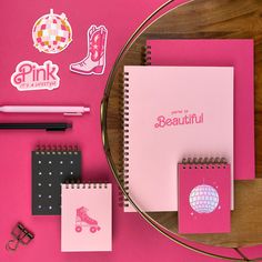 A collection of hot pink, light pink, and black journals with Barbie-inspired designs on them. Kylie Cosmetics Birthday Collection, Hi Barbie, The Barbie Movie, Birthday Collection, House Print, Barbie Ken, Barbie Movie