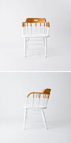 two different views of a white chair with wooden seat and back, one in the same position