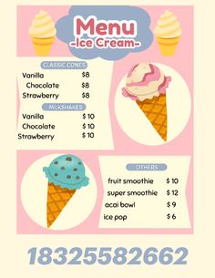 the menu for an ice cream shop