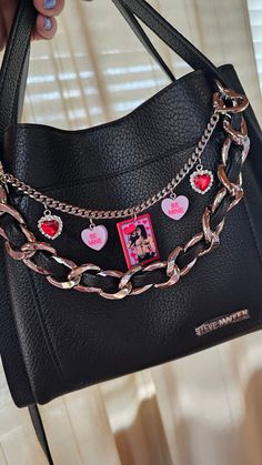 Punk Rock Valentines Themed Purse Charm ♡ Silver Hardware with Charms ♡ Super Cute Addition to any TOP HANDLE or TOTE Purse! Simply just clip the heart clips onto the purse handle and it'll drape across your bag!!  All our Purse Charms are HANDMADE and Unique ♡ Purse Trinkets, Decorated Purse, Rock Valentines, Goth Purse, Ig Pics, Valentines Day Love, Purse Handles, Heart Bag, Bag Charms