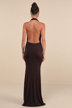 Everyone's attention will be on you and the way you move in the Lulus Eye-Catching Silhouette Dark Brown Cowl Neck Halter Maxi Dress! Slinky, stretchy jersey knit shapes this jaw-dropping dress with a halter neckline and a plunging cowl bodice. The figure-flattering silhouette falls to a mermaid skirt with an elegant maxi hem. Dual, covered top button closures secure atop the sexy open back design. Elastic at back for fit. Fit: This garment fits true to size. Length: Floor length. Size medium me Bodycon Elastane Maxi Dress For Date Night, Stretch Dress With Keyhole Back For Date Night, Stretch Elastane Dresses With Flattering Silhouette, Stretch Halter Neck Elastane Dress, Fitted Black Maxi Dress With Cowl Back, Stretch Maxi Dress For Date Night With Flattering Silhouette, Stretch Maxi Dress For Night Out With Flattering Silhouette, Stretch Elastane Bodycon Dress With Flattering Silhouette, Fitted Halter Neck Elastane Dress