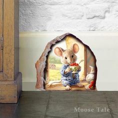 an image of a mouse eating food out of a hole in the wall with it's door open