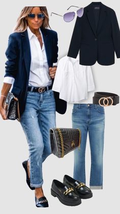 #myfirstshuffle Penny Loafer Outfits Women Fall, Business Casual Blue Jeans, Early Fall Jeans Outfits, Blazer And Tee Shirt Outfit Women, Outfits With Denim Vests For Women, Edgy Fashion For Over 50, Fall Blazer Outfits 2024, J Crew Lady Jacket Outfit, Fall Styles For Women Over 40