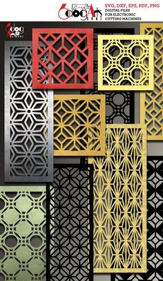 laser cut screens with different patterns and colors are shown in various sizes, shapes and finishes