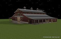 a large red barn sitting on top of a lush green field under a night sky