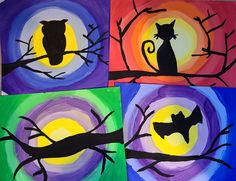 four paintings of cats and bats on canvases, each painted with acrylic paint