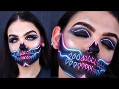 Neon Skull Makeup, Haunt Makeup, Skull Halloween Makeup, Demon Makeup, Halloween Makeup Clown, Neon Skull, Halloween Idea