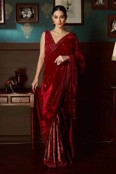 Shop for Priyanka Jain Red Velvet Pre-draped Saree With Blouse for Women Online at Aza Fashions Saree Gowns, Velvet Saree, Draped Saree, Potli Bag, Saree Gown, Outfits Woman, Drape Saree, Gown Pattern, Embroidered Saree