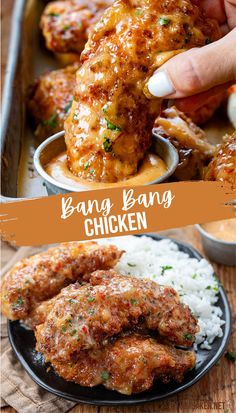 A chicken tender is being dipped into bang bang sauce, and a black plate is loaded with white rice and bang bang chicken. Bang Bang Chicken, Resepi Biskut, Chicken Tenderloin Recipes, Making Dinner, Weekday Dinner, Tenderloin Recipes, Video Tiktok, Food Dinner, Think Food