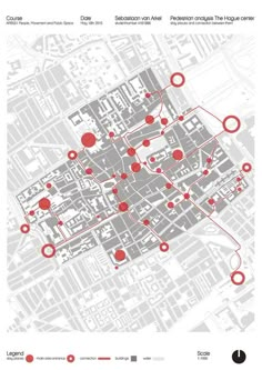 a map with red circles on it and some buildings in the background, all connected to each other