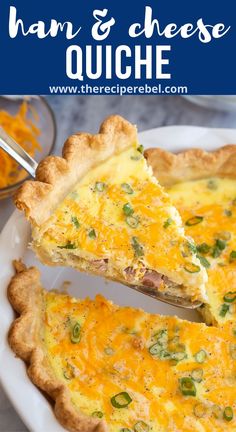 ham and cheese quiche on a white plate with a serving spoon next to it