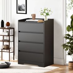 a black chest of drawers in a living room with plants and pictures on the wall