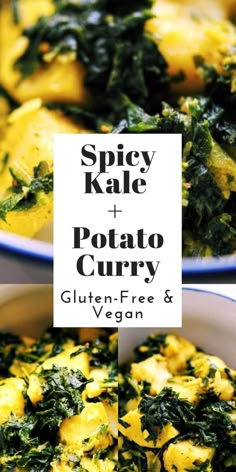 spinach and potato curry in a white bowl with the title spicy kale + potato curry gluten - free & vegan