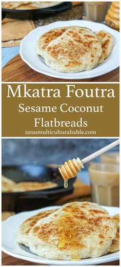 two pancakes with honey on top and the words, makata four sesame coconut flatbread