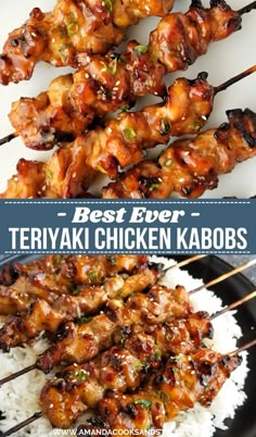 the best ever teriyaki chicken kabobs are on top of white rice