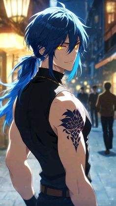 an anime character with blue hair and tattoos on his arm, looking at the camera