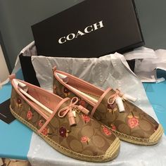 New And Authentic Coach Espadrille Size: 11b (B: Normal Fit) Coated Canvas With Flowers. No Shoe Bag Shoes Only Watch Sold Separately ***The Price Is Firm*** Floral Espadrilles, Raffia Sandals, Pink Wedges, Espadrilles Shoes, Slip On Espadrilles, Wedge Espadrilles, Espadrilles Platform, Lace Up Wedges, Leather Espadrilles