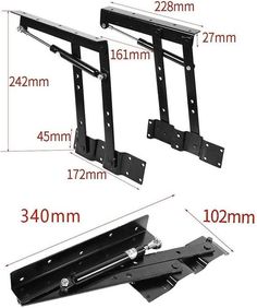 two black metal brackets are shown with measurements for each one and the other side is showing