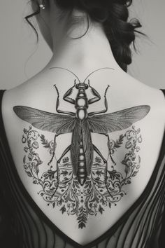 the back of a woman's body with a tattoo design on her upper and lower back