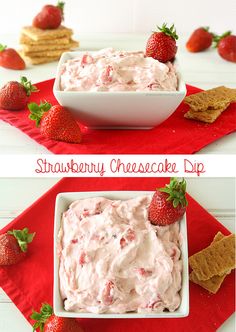 strawberry cheesecake dip in a bowl with crackers and strawberries on the side