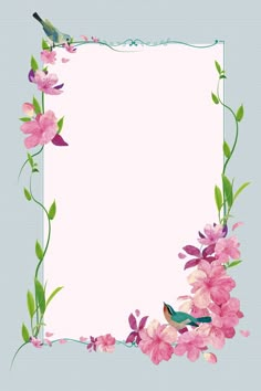 a square frame with pink flowers and a bird on the top, in front of a light blue background