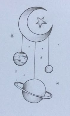 a drawing of the moon and three planets hanging from it's sides with stars