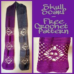 two crocheted scarves with the text skull scarf free crochet pattern