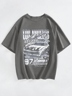 Frauen T-shirt Mit Auto Druck Und Slogan Und Rundhalsausschnitt Dunkelgrau Lässig  Halblange Ärmel Stoff Auto,Buchstaben  Undehnbar  Women Clothing, size features are:Bust: ,Length: ,Sleeve Length: Car Letter, Oversized Tee Shirt, Basketball Clothes, Casual Outfits For Teens, Selling Clothes, Women T Shirts, T Shirt Oversized, Edgy Outfits