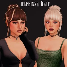 two animated women are standing next to each other in front of a black background with the words narressa hair on it