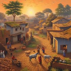 a painting of people and animals in a village