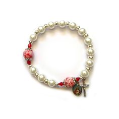 Divine Mercy Bracelet, Red Crackle, Our Father, Divine Mercy, Rosary Bracelet, Hail Mary, Crackle Glass, First Communion, White Glass