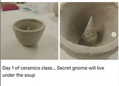 two pictures showing clay vases with faces and words describing how they are made in clay