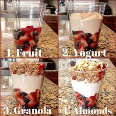 four pictures showing the steps to make yogurt and granola in a cup