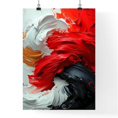 an abstract painting with red, white and black colors