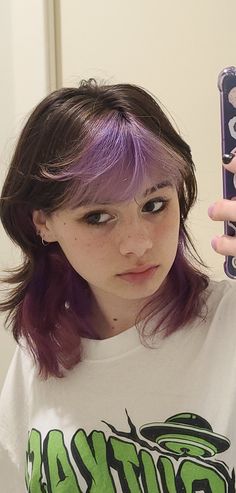 Purple And Brown Hair Aesthetic, Short Wolfcut Dyed Hair, Short Hairstyles Dyed Hair, Wolfcut Purple Highlights, Underdye Hair Color Ideas, Colored Face Framing Hair, Short Brown Hair Dye Ideas, Dyed Bangs Purple, Short Brown Hair With Purple Tips