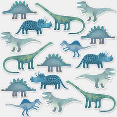 dinosaur stickers are arranged in the shape of different types of dinosaurs, with blue and green colors