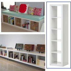 three different shots of bookshelves and shelves with decorative items on them, one is white and the other has blue trim